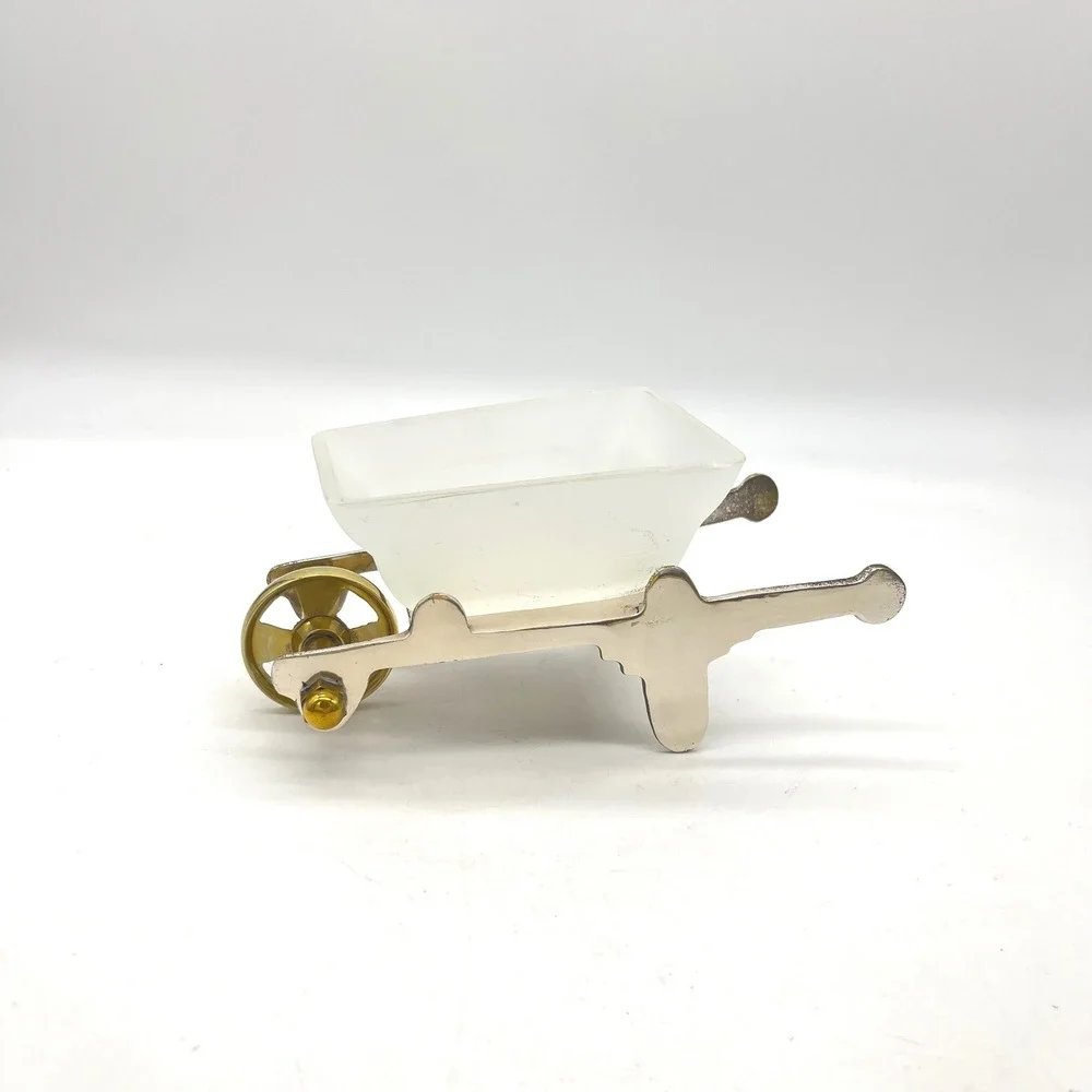 Vintage Frosted Glass & Mixed Metal Miniature Wheelbarrow Trinket Dish Decor